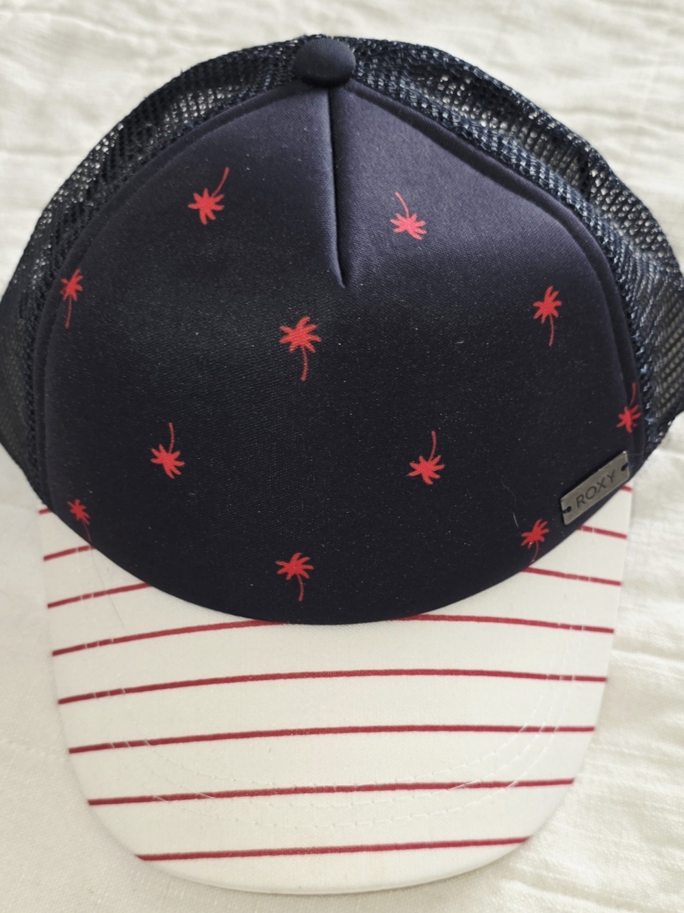 Roxy Kids Navy Hat with Red Palm Print and White Striped Brim